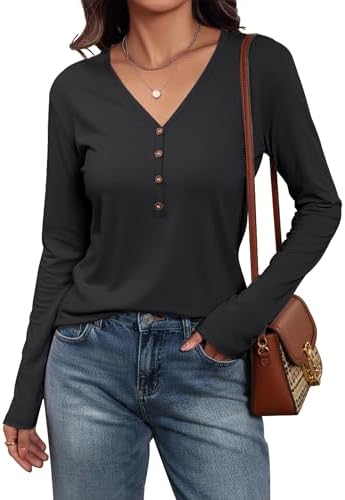 Womens Long Sleeve Shirts Henley V Neck Tops 2025 Fall Loose Fit T-Shirts Cute Trendy Casual Tee