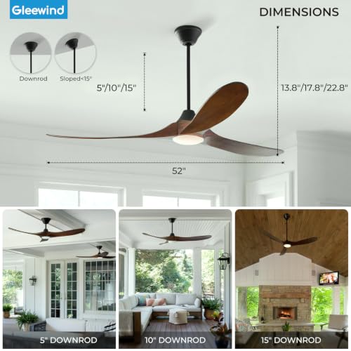 Image of 52 inch Outdoor Ceiling Fans with Lights-Glass Lamp, Smart Ceiling Fan with WIFI Alexa and App Remote Control, Damp Rated Wood Propeller Blades for Patios & Porch, 3 Blades, High CFM 6 Speed, Walnut