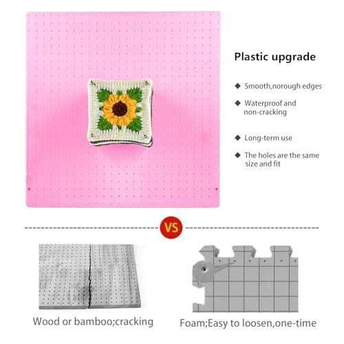 Image of wuher 13''Granny Square Blocking Boards for Crochet Projects, Crochet Blocking Board with 20 pegs, Large-Sized Plastic Blocking Board is a Gift for Crochet Enthusiasts and Beginners (Pink)