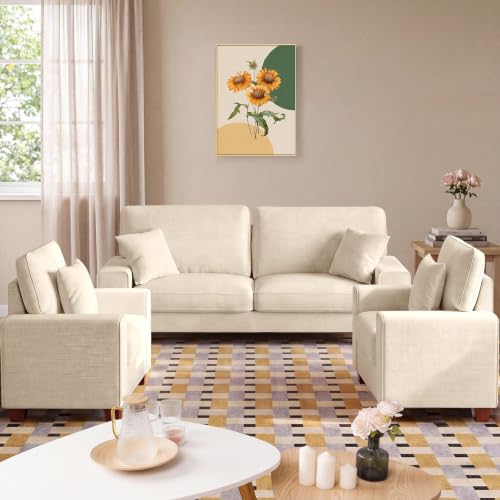 Image of DOPEDIO Modern Living Room Sofa Set, 71.25 inch Chenille Loveseat with 2 Accent Chairs, Removable Covers, Spring Cushions, Solid Wood Frame, Easy Assembly(71.25inch+2 Single,Beige)