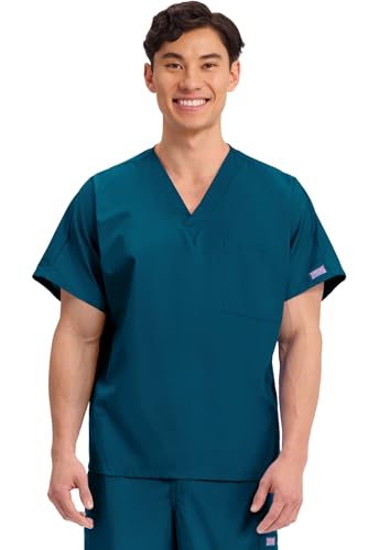 Image of Cherokee Scrubs for Women and Men Unisex V-Neck Tunic Nursing Scrub Top with Chest Pocket, Tuckable Durable Fabric - 4777 | 1 Chest Pocket For Essentials, Traditional Fit, Durable Construction, Comfortable Knit Details, Easy Care, Tuckable Style