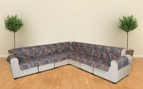 Image of l Shape Sofa Cover 7 Seater | Velvet Quilted Anti-Slip Sofa Cover Protector Covers | Sofa Cover for Living Room | Sofa Slipcovers | 3+2 (L-Shape) Mandala Burst (Multicolor Bliss)