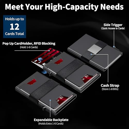 VOGARD Slim Aluminum Card Holder Wallet for Men, Durable Expandable Backplate, RFID Blocking Minimalist Metal Pop Up Wallet, Holds 10 to 12 Cards Plus Cash (Black) 2 41XPDllsKJL