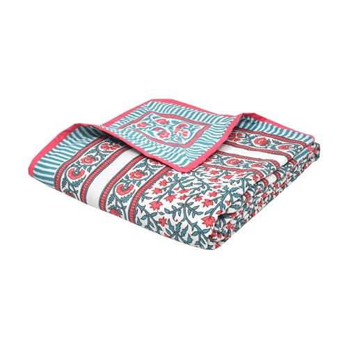 Image of BLOCKS OF INDIA Hand Block Printed Cotton Single Size Reversible Malma Dohar for Summer (Turquoise Pink Jaal, 200 Tc)