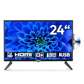 MEDION TV 24 pollici (59,9 cm) Full HD TV con lettore DVD (perfetto per campeggio, camper, camion, giardino, adattatore per auto da 12 V, DVB-T2 HD, DVB-C, DVB-S2, HEVC, HDMI, USB, MD 824001)