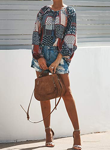 FARYSAYS blusas femininas casuais Boho estampa floral gola V manga comprida blusas soltas, Blue-105,