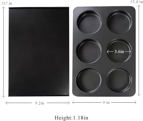 Elesinsoz 6 Cup Jumbo English Muffin Pan with Lid, Nonstick Straight Side Baking Pan, Hamburger Burger Bun Mold for Baking Egg Sandwich Frittata Cinnamon Roll Focaccia Quiche Pancake