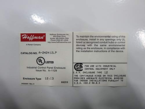 Hoffman A242412Lp Wall-Mount Enclosure, Nema 12/13, Steel, 24.00" X 24.00" X 12.00" #TOP1