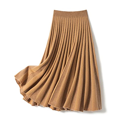 Shouqiao Falda Midi para Mujer Elegante Punto Elástico Falda de Cintura Alta Falda Plisada Moda Engrosado Cómodo Sretchy A-Line Falda, Caqui, M