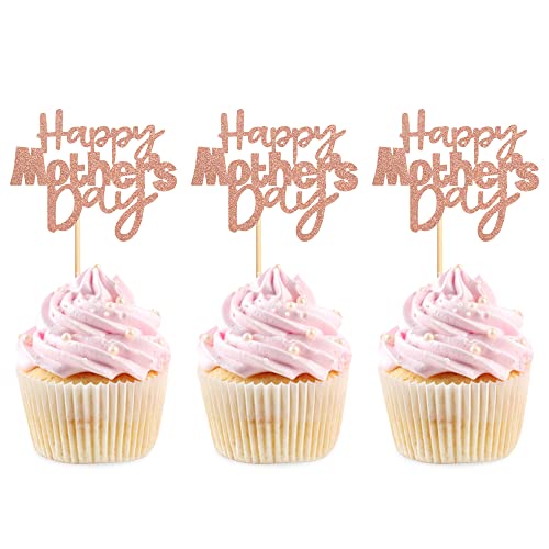 30 Pcs Mother's Day Cupcake Topper I Love Mom Birthday Party Cake Decorations Toppers Picks For Mother's Birthday Party 30 Pcs (Rose Gold) #TOP18