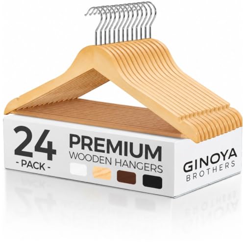 Image of GINOYA BROTHERS Walnut Wooden Suit Hangers 24 Pack with Non Slip Pants Bar - Smooth Finish Solid Wood Coat Hanger for Camisole, Jacket, Pant, Dress Clothes Hangers (Beige: 24)