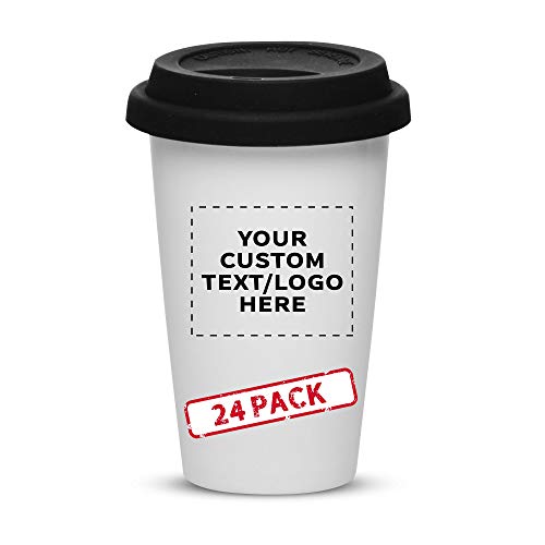 Travel Mugs With Company Logo: Custom Stainless Steel Tumblers for Branding 5 Personalized 11 oz. Double Wall Ceramic Tumblers with Lid - 24 Pack - Custom Text, Logo - Black