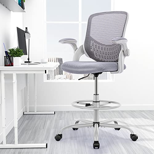 Sweetcrispy Drafting Home Desk Wheels, Tall Office Stool Adjustable Foot Ring, Flip Up Arms,Swivel Rolling Chair Lumbar Support, Grey, 19.3" D X 19.3" W X 41.3" H #TOP11