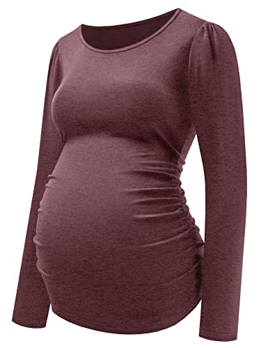 Ginkana Maternity Top Puff Long Sleeve Basic T-Shirt Pregnancy Tee Tunic Simple Blouses Tops Casual Wear,Burgundy,L #TOP17