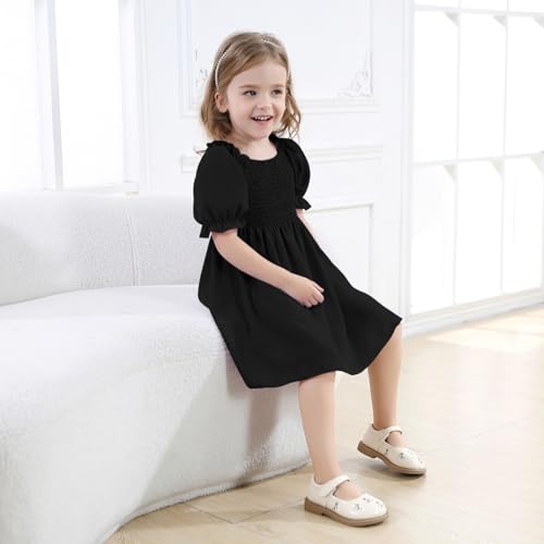 Neutocd Toddler Baby Girl Dress Ruffle Short Sleeve Elastic Solid Square Neck Flared Plain Casual Summer Dresses for Girls4