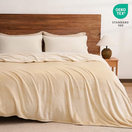 PHF No Shed No Pilling Fleece Blankets Queen Size -Ultra Soft Lightweight & Cozy Bed Blanket, Plush Anti-Stati Microfiber, Room Home Decor Gifts for Women and Men, 1 Piece, 90" x 90", Beige by PHF - Used condition - Image 6