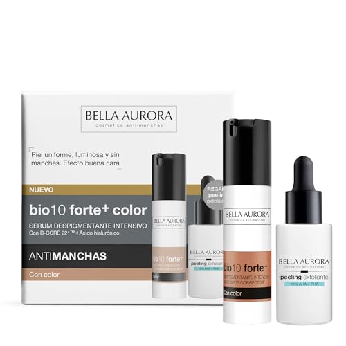 Bella Aurora Pack Bio10 Forte+ Color Sérum Despigmentante Intensivo SPF30 con B-Core 221™ y Ácido Hialurónico + Peeling Exfoliante 10% AHA + PHA | Rutina Antimanchas 2x30ml