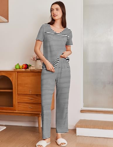 Ekouaer Pajama Sets for Women 2 Pack, Short Sleeve with Long Pant Pjs Sleepwear Comfy Lounge Sets with Pockets3