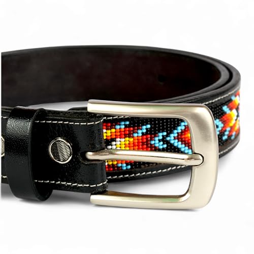 Men's 100% Grain Leather Cowboy Beaded Belt With Classic Simple Buckle.3