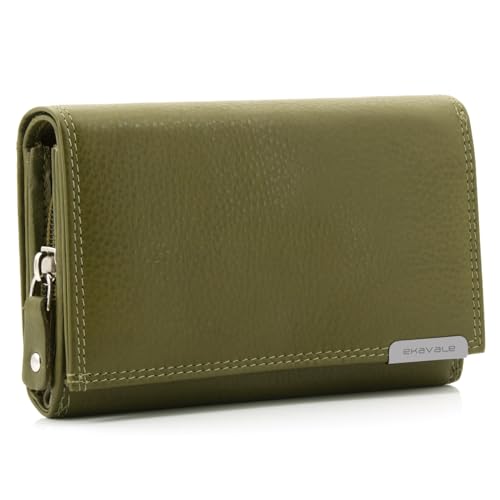 ekavale Geldbörse Damen Leder mit RFID-Schutz 25 Fächer Damen Portemonnaie Lang (Oliv)