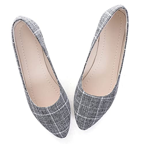 Hee grand Women's Round Toe Slip On Causal Plaid Flats Shoes,Gray