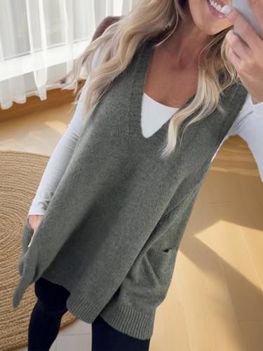 Cozy Pocket Sweater Vest, Womens Sleeveless Sweater Vest V Neck Loose Knit Casual Flattering a Line Tunic Top with Pockets3