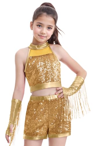 Image of Happy Cherry Girls Shiny Sequin Latin Dance Shorts Set 3 Pcs for Disco Hip Hop Jazz Cha Cha Dance 3-12Y