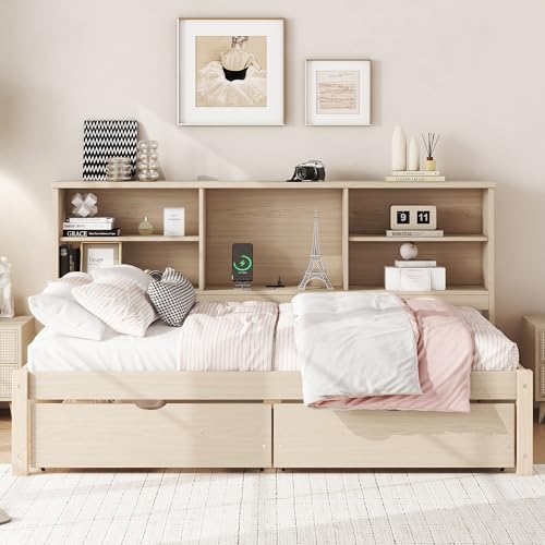 SOFTSEA Twin Size Daybed with Side Bookshelves and Two Drawers for Kids, Multi-Function Daybed Frame with Built-in USB Port, Natural