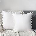 CAWANFLY Set of 2 Decorative Throw Pillow Covers with Cute Pom Pom, Square Soft Cushion Case Home Decor for Couch Sofa Bed 18x18Inch/45x45 cm (White)