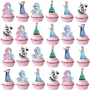 48Pcs Pink Frozen Cake Cupcake Decoration Supplies Cupcake Topper for Kids Birthday Party