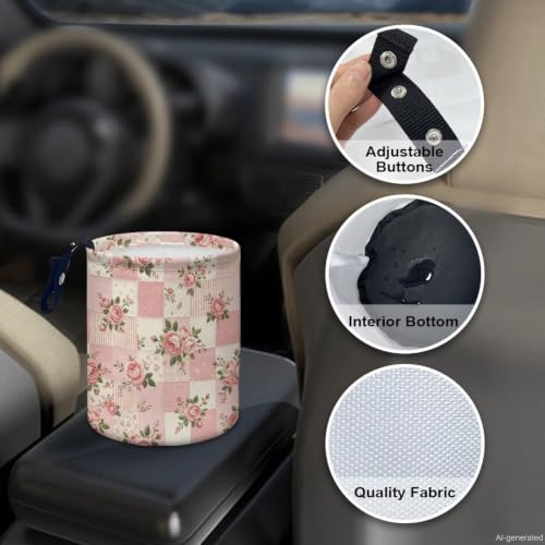 Image of Pink Flower Print Car Trash Can Portable Collapsible Back Seat, Front Seat, Floor, or Hanging Headrest Waste Basket Car Accessories Interior