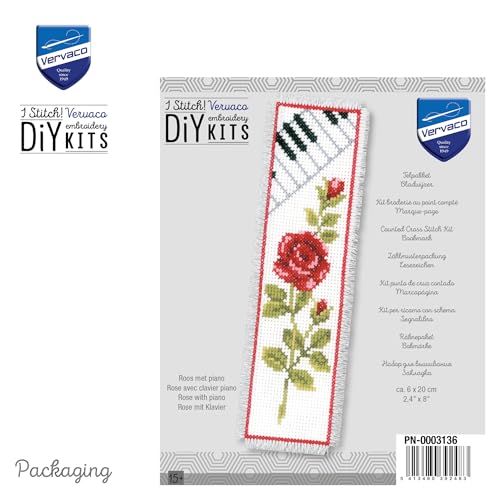 Image of Vervaco Rose and Piano Counted Cross Stitch Bookmark, Multi-Colour