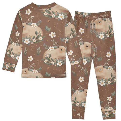 Pajama Sets Long Sleeve Capybara Floral Brown Background Soft Comfy Sleepwear 2 Piece PJS 3-8T3