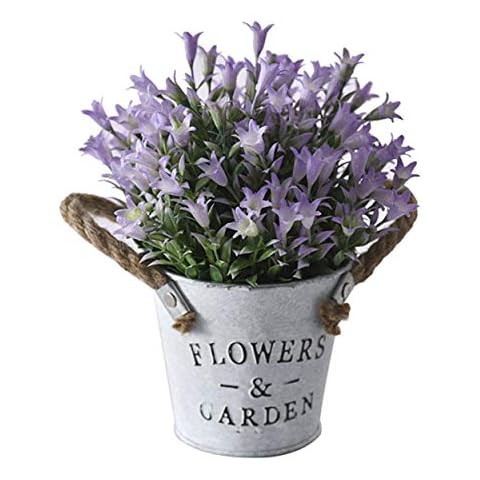 Flikool Artificial Plants in Pot Faux Morning Glory with Iron Pail Pot Artificial Flowers Simulation Potted Plants Fake Artificial Bonsai Home Decoration Ornaments - Purple Cover