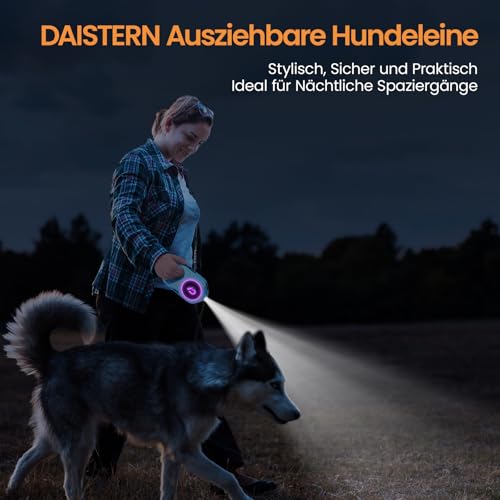 DAISTERN von BSWAY Hundeleine mit LED Licht 5m Ausziehbar, Wiederaufladbar über USB‑C, Einhand-Bremse, Anti-Verheddern für kleine & große Hunde bis 40KG