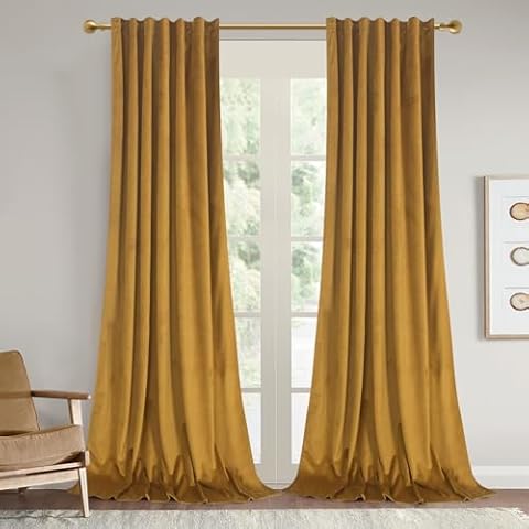 Roslynwood Mustard Velvet Curtains 90 inches - Super Soft Home Decor Room Darkening Curtains Thermal Insulated Velvet Drapes for Bedroom/Living Room, W52 x L90 inch, 2 Pcs Cover