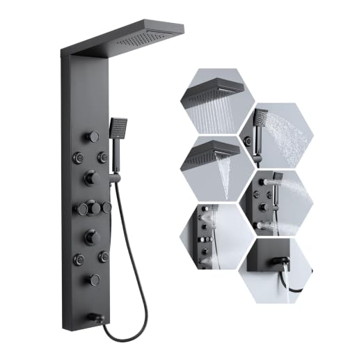 ROVATE 6 in 1 Rainfall Waterfall Shower Panel Tower System Matte Black
