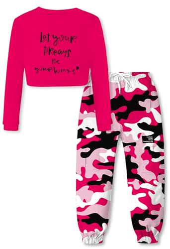 Image of SANGTREE Kids Girls Fashion 2 Piece Clothes Set, Crop Top Cargo Jogger Pants Outfit Hip Hop Dance, Rose red+Camouflage red Camouflage, 6-7Y = Tag 130