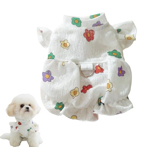 Small Dog Dress for Girl, Chiffon Floral Print Puppy Dress with Elastic Waistband, Lightweight and Breathable Pet Clothes, Summer Puppy Outfit for Chihuahua, Yorkie, Small Dogs(White,S)