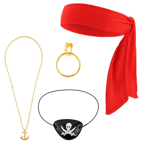 CUBACO 4PCS Pirate Costume Accessories Set for Women Men include Red Head Scarf + Earrings + Eye Patches + Anchor Necklace Halloween Cosplay Party Favors Renaissance Dress Accessories Adult