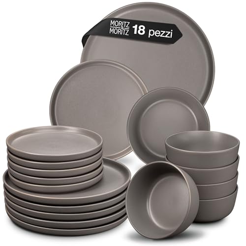 Moritz & Moritz NORDIC - Set di stoviglie per 6 persone, 18 pezzi, colore Grigio, elegante set di piatti in gres di alta qualità, 6 piatti da dessert, 6 piatti fondi