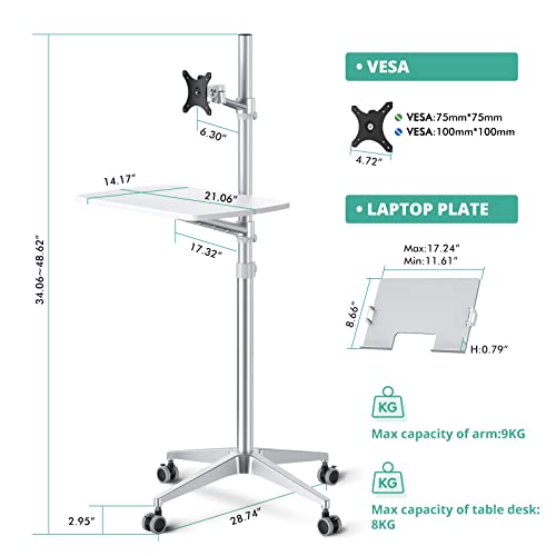 Viozon Mobile Desk,Mobile Workstation,Mulitiuse Rolling Laptop Floor Stand,34"-48.6" Height Adjustable,Compatible With 17"-27"Monitor&12"-17"Laptop,21"×14" Desk Board,Maxload 17.6Lbs,4 Lockable Wheels #TOP3