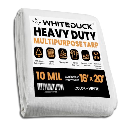 WHITEDUCK Super Heavy Duty Poly Tarp Cover 16 Mil & 10 Mil with Grommets and Reinforced Edges (Brown, White & Silver Black) (White - 10 Mil, 16' x 20')