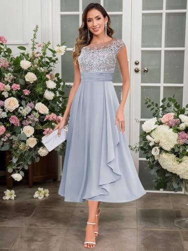 Mother of The Bride Dresses for Women Crew Neck A Line Tea Length Lace Chiffon Womens Formal Dress2