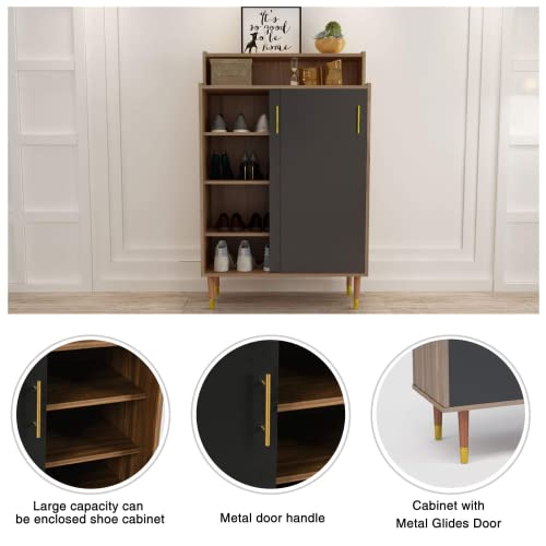 Shoe Cabinet, 4-Tier Freestanding Shoe Rack Storage Organizer With Sliding Doors & Wood Legs, Modern Shoe Storage Cabinet With Opening Shelf For Hallway Entryway Living Room Bathroom (Walnut& Black) #TOP3