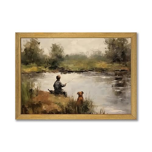 Wood Framed Vintage Canvas Wall Art, Boy Fishing Wall Decor