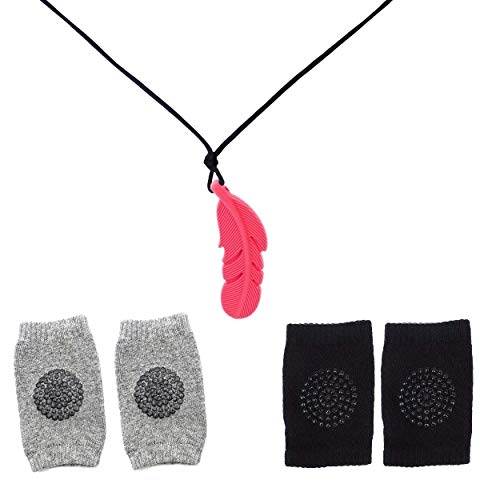 LADY HAWK Baby Knee Safety Protective Pad for Crawling, Anti-Slip Unisex Imported Socks with Leaf Shaped Orange Silicone Teether Soother Pendant. Gift Set 2 Pairs of Socks & 1 Teether.