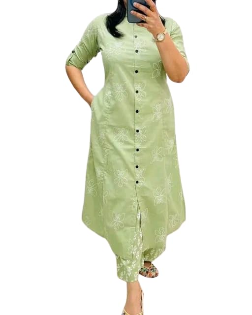 jd finishing Women's Cotton Floral Print Anarkali Kurta Set with Bell Sleeves, V-Neck, Side Slit, Ankle Length, 2Pieces-picture-40