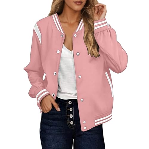 Womens Sweatshirts Uk Sport Bomber Jacket for Women Varsity Casual Long Sleeve Button Down Lightweight Fall Short Outwear Fleece Lined Baseball Uniform Streetwear Jackets with Pockets Pink