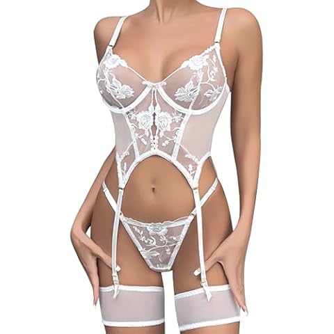 ssyyx Sexy Lingerie Sets for Women Classy,Lace Womens Lingeries Corset Teddy Lingerie 3 Piece with Garter Belt White Cover
